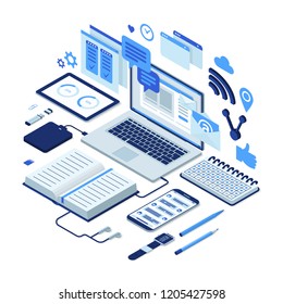 Isometric illustration of working process, time management, data analysis, social network. Freelancer workspace with laptop, tablet, smartphone with open apps, pop-up windows and messages.