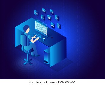 Isometric illustration of workspace of a developer, coding the program in desktop on glossy blue background.