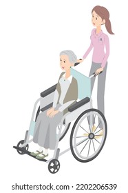 It is an isometric illustration of a young female employee and a senior woman in a wheelchair.