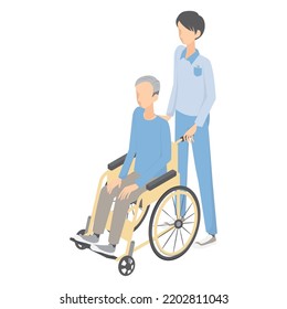 It is an isometric illustration of a young male employee and a senior male in a wheelchair.