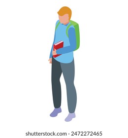 Isometric illustration of a young male student standing and carrying books in a backpack while studying for his academic course at college or university, with a modern, 3d, and contemporary design