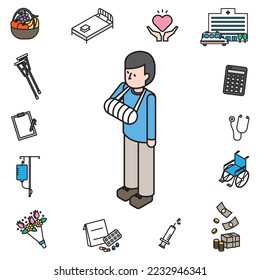Isometric illustration of a young man with a broken arm.