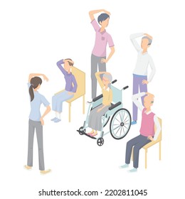 It is an isometric illustration of young men, female staff and senior men and women stretching.