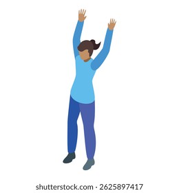 Isometric illustration of a young woman raising her arms in the air