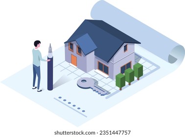 isometric illustration,contract to buy a house