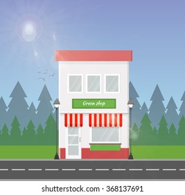 Isometric illustration.Green shop.Background with forest.Simple flat style building.Vector flat style building.Sun and birds.Outdoor.Flat elements for construction of urban and village landscapes.