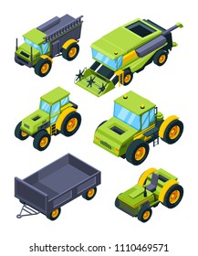 Isometric illustrations of combine, tractor and other various agriculture machines. Equipment vehicle machinery for farming vector