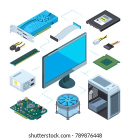 Isometric illustrations of computer hardware. Vector pictures set computer device equipment, server and processor