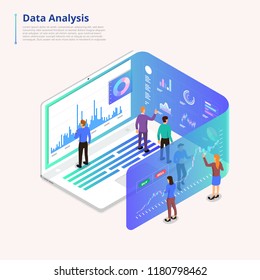 Ilustrações isométricas conceito de análise de dados trabalho em equipe e ferramentas. pessoas pequenas que trabalham em computador laptop expandem gráfico e gráfico para análise. Ilustrar vetorial.