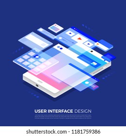 Isometric illustrations concept  user interface design UI / UX present by 3d wireframe on mobile application.Layout template website. Vector illustrate.