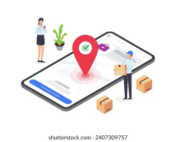 Isometric illustrations of customers receiving packages from couriers. Flat style artwork depicting delivery process and customer satisfaction.