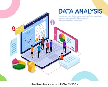 Isometric Illustrations data analysis part 2 with young people working together on colorfull : happy employee, spirit of work, start up model