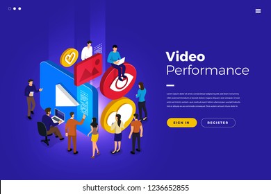 Isometric illustrations design concept businessman teamwork building icon present video performance view love like. Vector illustrate.