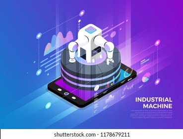 Isometric illustrations design concept mobile technology solution on top with robotic industrial machine. Gradient background and digital graph chart thin line. Vector illustrate.