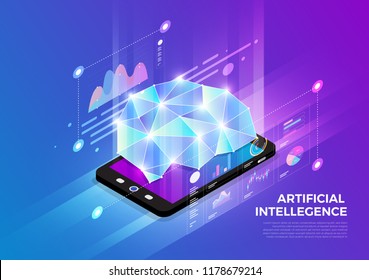 Isometric ilustraciones diseñan el concepto de la tecnología móvil, además de la inteligencia artificial. Línea delgada del gráfico de gráficos digitales y fondo degradado. Vector ilustrado.