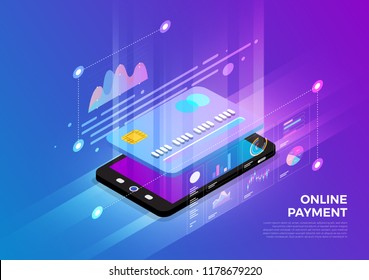 Isometric illustrations design concept mobile technology solution on top with online payment. Gradient background and digital graph chart thin line. Vector illustrate.