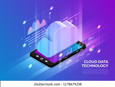 Isometric illustrations design concept mobile technology solution on top with cloud service. Gradient background and digital graph chart thin line. Vector illustrate.