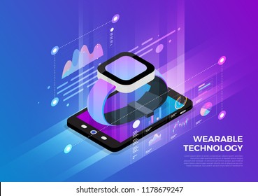 Isometric illustrations design concept mobile technology solution on top with wearable device. Gradient background and digital graph chart thin line. Vector illustrate.