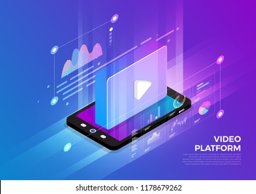 Isometric illustrations design concept mobile technology solution on top with video platform. Gradient background and digital graph chart thin line. Vector illustrate.