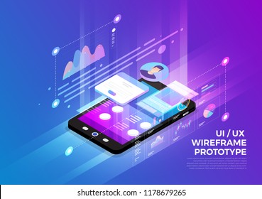 Isometric illustrations design concept mobile technology solution on top with UX/UI wireframe prototype. Gradient background and digital graph chart thin line. Vector illustrate.