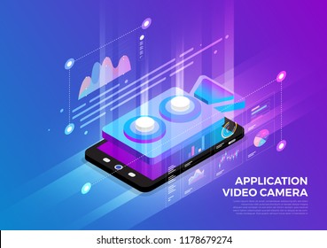 Isometric illustrations design concept mobile technology solution on top with video camera application. Gradient background and digital graph chart thin line. Vector illustrate.
