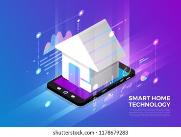 Isometric illustrations design concept mobile technology solution on top with smart home. Gradient background and digital graph chart thin line. Vector illustrate.