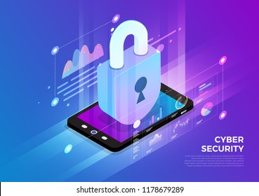 Isometric illustrations design concept mobile technology solution on top with cyber security. Gradient background and digital graph chart thin line. Vector illustrate.