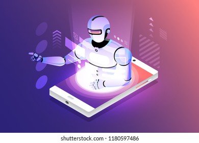 Isometric illustrations design concept mobile technology solution on top with artificial intelligence. Gradient background and digital graph chart thin line. Vector illustrate.