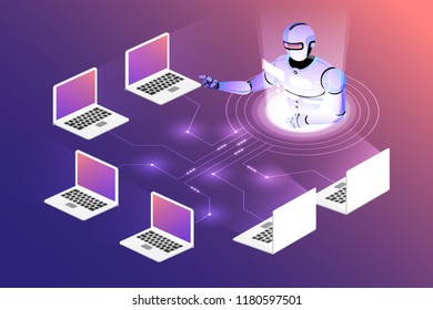 Isometric illustrations design concept mobile technology solution on top with artificial intelligence. Gradient background and digital graph chart thin line. Vector illustrate.