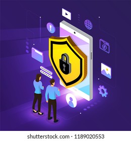 Isometric illustrations design concept mobile technology solution cyber security and device. Gradient background . Vector illustrate.