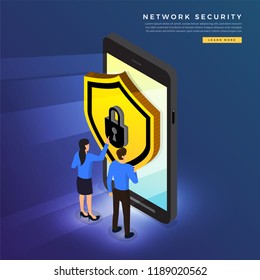 Isometric illustrations design concept mobile technology solution cyber security and device. Gradient background . Vector illustrate.