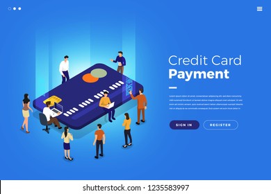 Isometric illustrations design concept mobile technology solution on top with online payment. Gradient background and digital graph chart thin line. Vector illustrate.