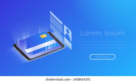 Isometric illustrations design concept mobile technology solution on top with online payment. Gradient background and digital graph chart thin line. Vector illustrate.