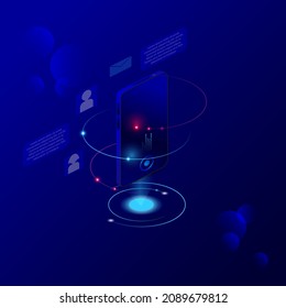 Isometric ilustrations diseña el concepto de solución de tecnología móvil sobre la base de la plataforma de vídeo. Fondo degradado y línea delgada de gráfico gráfico gráfico gráfico gráfico digital. Vector ilustrado.