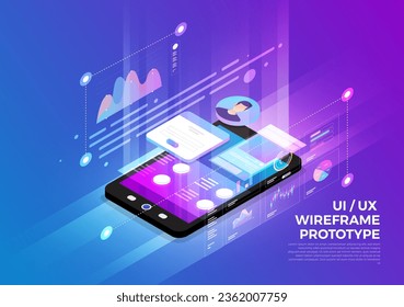 Isometric illustrations design concept mobile technology solution on top with UXUI wireframe prototype. Gradien