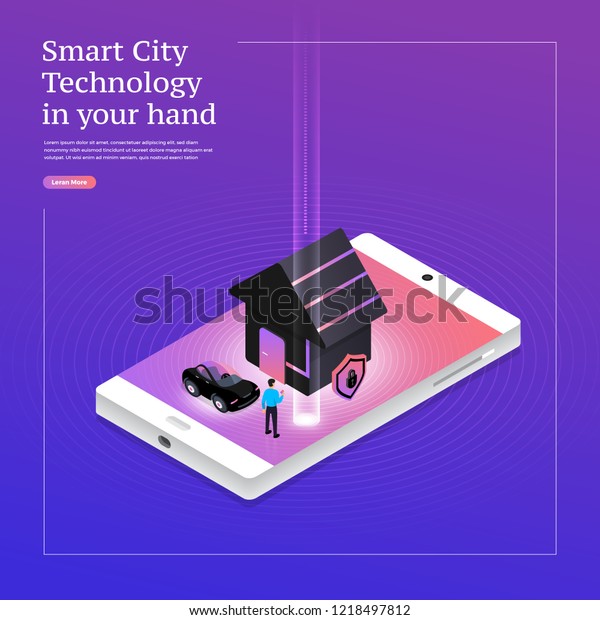 Isometric illustrations\
design concept mobile technology solution on top with smart home.\
Vector illustrate.