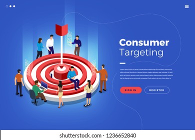 Isometric illustrations design concept teamwork building market targeting together. Vector illustrate.