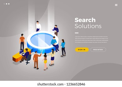 Isometric illustrations design concept teamwork business solution working with object search engine. Vector illustrate.