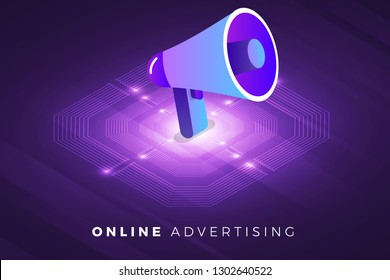 Isometric illustrations design concept technology solution on top with digital advertising. Gradient background and digital graph chart thin line. Vector illustrate.