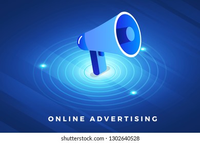 Ilustrações isométricas projetam conceito solução de tecnologia em cima com publicidade digital. Plano de fundo gradiente e linha fina gráfico digital. Ilustração de vetor.