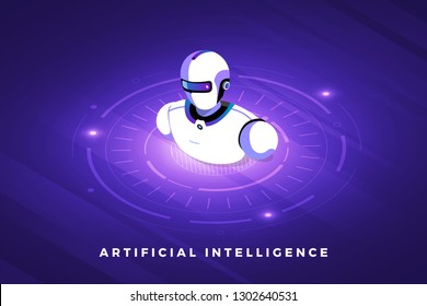 Isometric illustrations design concept technology solution on top with artificial intelligence. Gradient background and digital graph chart thin line. Vector illustrate.