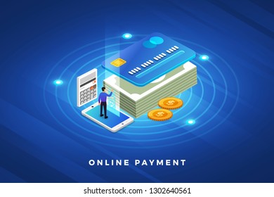 Isometric illustrations design concept technology solution on top with online payment. Gradient background and digital graph chart thin line. Vector illustrate.