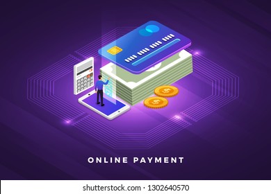 Isometric illustrations design concept technology solution on top with online payment. Gradient background and digital graph chart thin line. Vector illustrate.