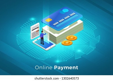 Isometric illustrations design concept technology solution on top with online payment. Gradient background and digital graph chart thin line. Vector illustrate.