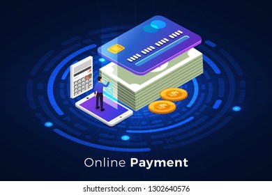 Isometric illustrations design concept technology solution on top with online payment. Gradient background and digital graph chart thin line. Vector illustrate.