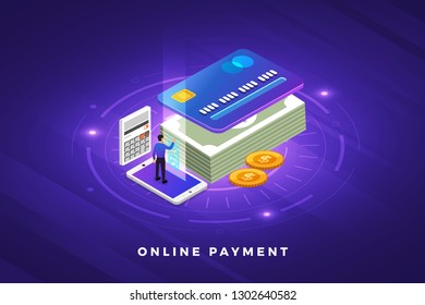 Isometric illustrations design concept technology solution on top with online payment. Gradient background and digital graph chart thin line. Vector illustrate.