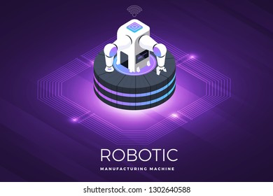 Isometric illustrations design concept technology solution on top with robotic industrial machine robotic. Gradient background and digital graph chart thin line. Vector illustrate.