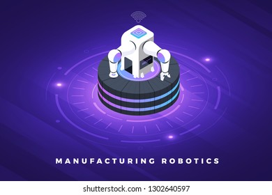Isometric illustrations design concept technology solution on top with robotic industrial machine robotic. Gradient background and digital graph chart thin line. Vector illustrate.