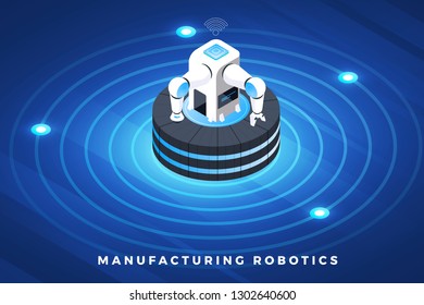 Isometric illustrations design concept technology solution on top with robotic industrial machine robotic. Gradient background and digital graph chart thin line. Vector illustrate.