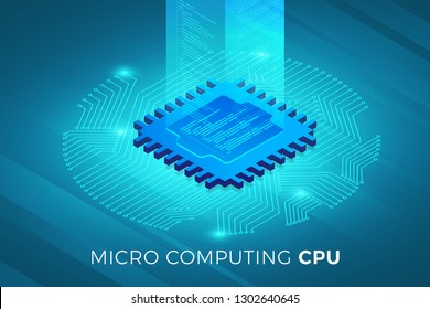 Isometric illustrations design concept technology solution on top with CPU Processor chip. Gradient background and digital graph chart thin line. Vector illustrate.